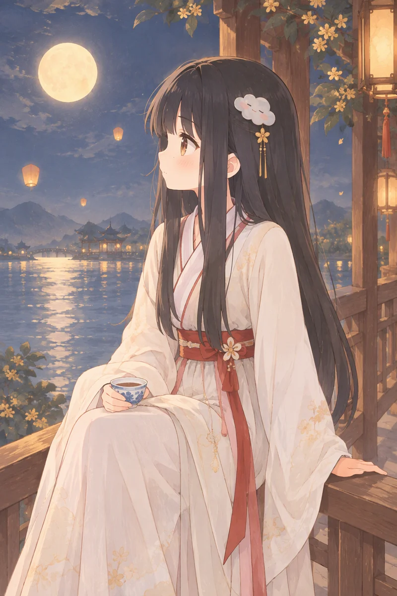 侧坐捧茶