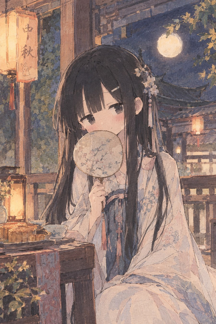 其二 月满西楼:灯影摇红的夜里,倚案执扇,圆月挂在楼檐之上